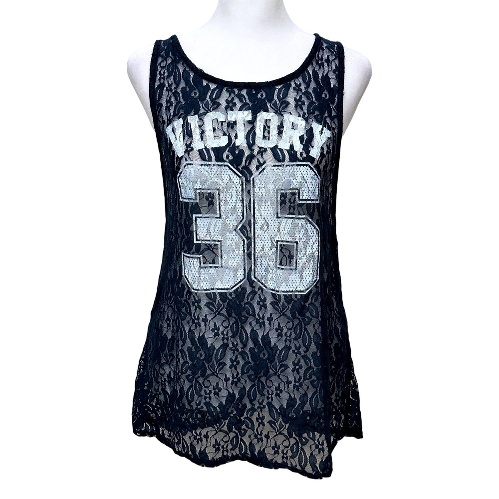 Scotty Navy Lace Victory 36 Sheer Mesh Layering Tank Top Sporty Edgy Feminine